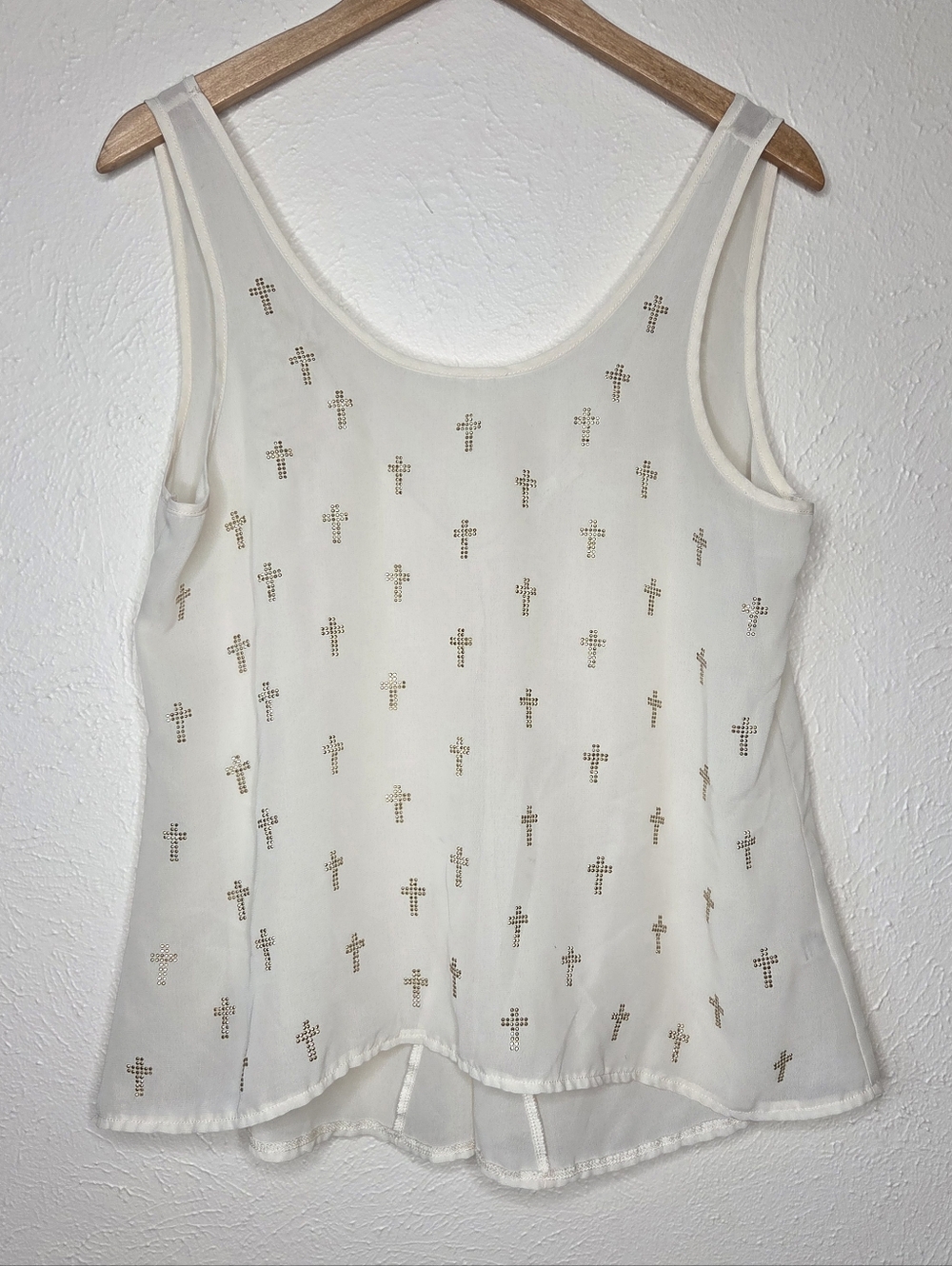 Iris Los Angeles Sheer Studded Cross Tank Top Ivory Flowy High Low Hem Size L